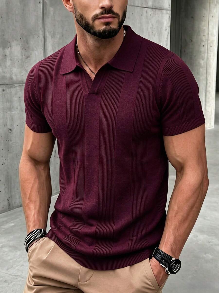 男士復古休閒短袖 Polo 衫,適合度假與旅行 - 酒紅色 - 查看 1
