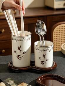 1PC Vintage Swallow Ceramic Chopstick Holder Set With Dual Cup Tray, Draining Chopstick Basket, Kitchen Utensil Storage Holder For Knives, Forks, Spoons, Retro Tableware Organizer - Multicolor - View 2