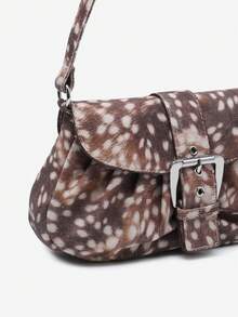 1pc Vintage Button Decor Leopard & Deer Print Pleated Cloud Flap Chain Underarm Tassel Bag, Suitable For Date, Outing And Party - Multicolor - View 3