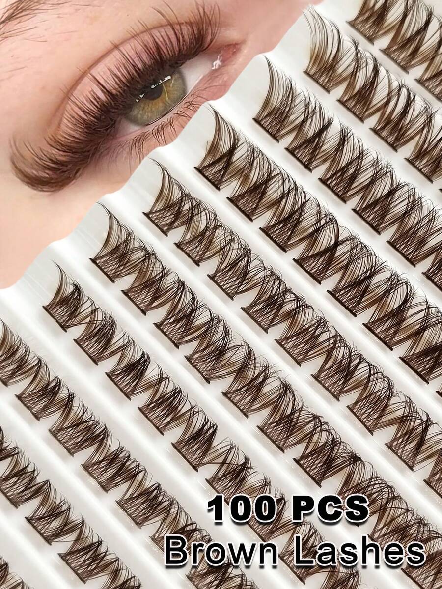 Sibeuna 100片棕色睫毛，濃縮咖啡色睫毛，蓬鬆柔軟棕色睫毛簇，適合初學者，自然棕色調，旅行必備 - D - 查看 1