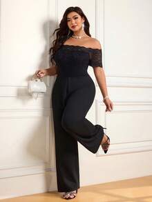 Plus Size Cold Shoulder Square Neck Contrast Lace Long Jumpsuit, Women's High Elasticity Fashion Date Versatile Elegant - Black - View 4