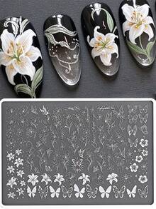 1pc Butterfly Flower Nail Stamping Plate Mixed Lily Floral Vine Pattern Stainless Steel Nail Art Stencil Template For DIY Home Manicure Nail Print Decoration Nail Printing Tool - Multicolor - View 2