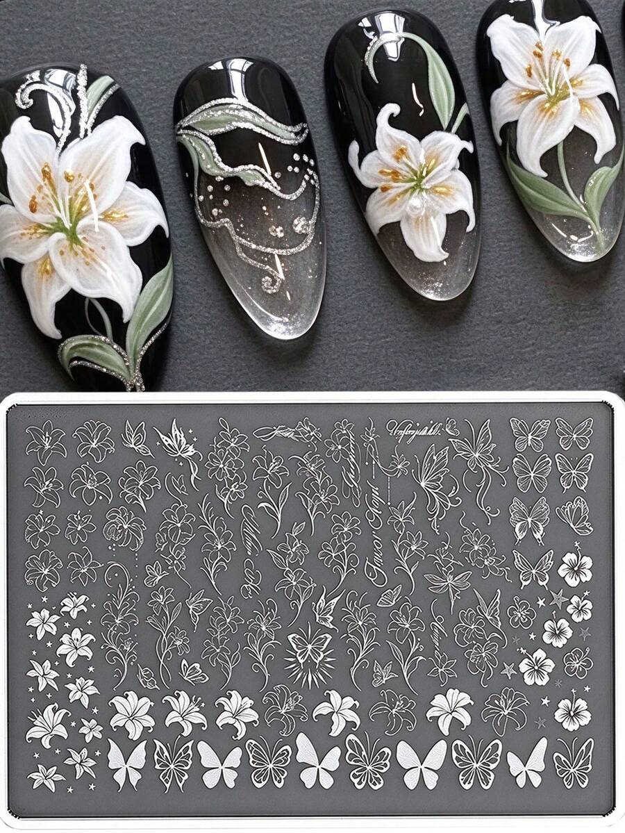 1pc Butterfly Flower Nail Stamping Plate Mixed Lily Floral Vine Pattern Stainless Steel Nail Art Stencil Template For DIY Home Manicure Nail Print Decoration Nail Printing Tool