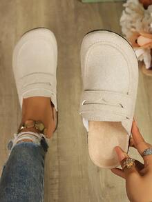 NOBLEARL Boken 2026 Spring/Summer New Women's Plus Size Closed-Toe Solid Color Fashion Versatile Decorative Half-Slip-On Shoes, Decorative Buckle Slouchy Slanted Heel Thick Sole Shoes, Flat Shoes, Mule Shoes, Daily Travel Closed-Toe Flat Slip-On Sandals, Women's Design Daily Travel Casual Half-Slip-On Shoes - Beige - View 5