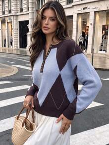 Women's Autumn Argyle Knit Crew Neck Half-Button Colorblock Long Sleeve Pullover, Casual Autumn Wear, Suitable For Outings And Daily Wear - Multicolor - View 3
