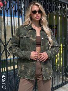 Jaket Denim Wanita Motif Kamuflase dengan Kerah dan Saku, Lengan Panjang, Kancing Depan, Potongan Reguler, Cocok untuk Musim Gugur - Hijau Tentara - View 2