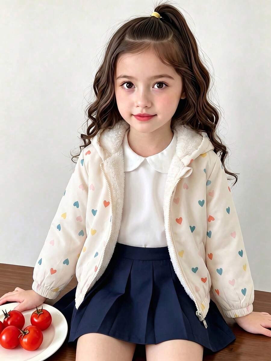Jaket Pendek Berkerudung Bahu Biasa dengan Motif Hati Berwarna-warni Serbaguna untuk Anak Perempuan, Lapisan Termal, Bahu Normal, Musim Gugur/Dingin - Aprikot - View 1