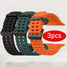 3 Buah Tali Jam Tangan Olahraga Silikon Ringan dan Nyaman yang Kompatibel dengan Apple Watch Semua Seri 38-49mm Ultra - 3 buah versi silikon lubang ganda - View 12