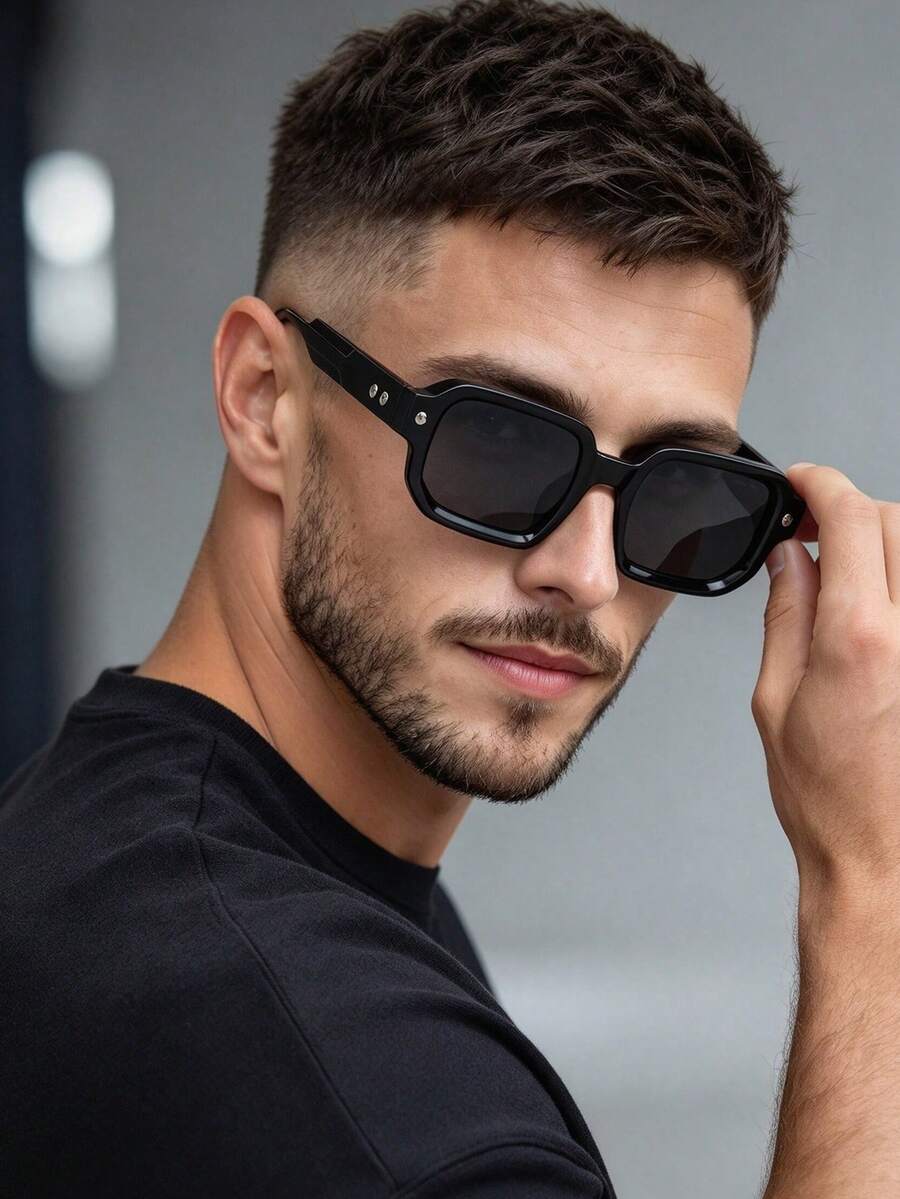 1 Pair Unisex Retro Full Frame Rectangular Fashion Glasses, Decorative Eyewear Suitable For Street Photography And Outfit Styling - Black Frame Black Gray Film - View 1