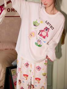 Gongdie Disney Women's Cartoon Print Long Sleeve Top And Pants Pajama Set - White - View 6