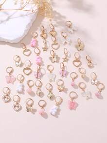 18 Pairs/Set Girls Earrings Set, Cute Bear Butterfly Heart Pendant Studs, Sweet Versatile Earrings For Daily Decoration - Multicolor - View 4