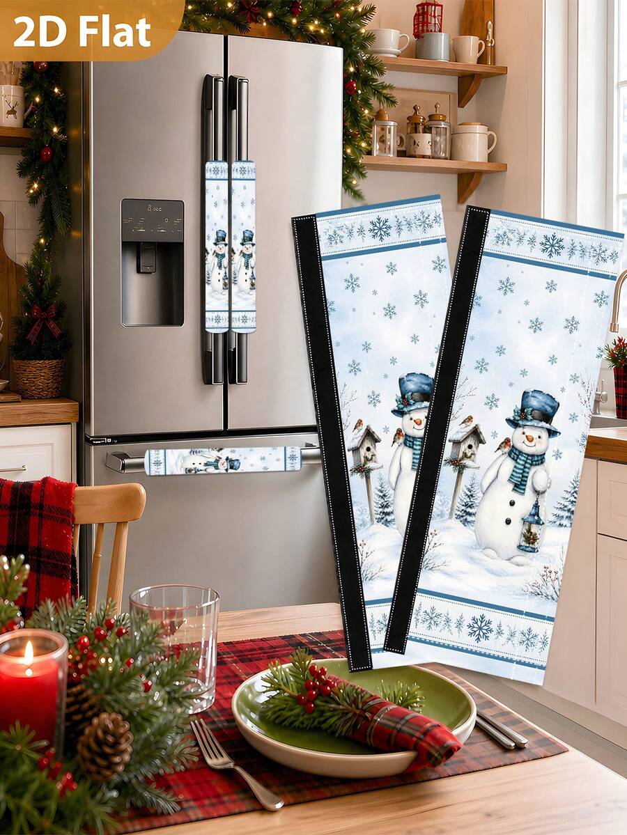 1/2Pcs Christmas Refrigerator Handle Covers, Christmas Snowman & Snowflake Pattern, With Hook-And-Loop, Suitable For Refrigerator, Oven, Microwave, Dishwasher, Christmas Holiday Kitchen Decoration - View 1