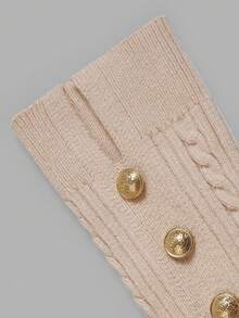 DONICY Women Beige Mock Neck Cable Knit Sweater Raglan Sleeve Metal Button Cuff Slim Pullover Top - Apricot - View 5