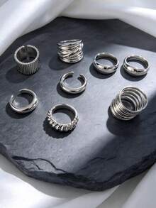 8pcs Simple Metal Wide Band Rings Set, Old Money Style, Women's Date Gift, Casual Daily Wear, Party Outfit - Style 1 - View 5