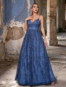 Misty Blue Floral Lace V-Neck Spaghetti Strap A-Line Tulle Maxi Dress, Elegant Summer Gown For Wedding, Prom, Party & Festival Outfits - Dusty Blue - View 1