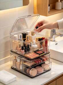 Large Capacity Flip Cover Medicine Box, Makeup Box Storage Acrylic Transparent Storage Box, Flip Top Desktop Cosmetics Dust-Proof Storage Box, Snack And Miscellaneous Sorting Box, Household Mini Medicine Box, Face Masks, Unique Gift For Thanksgiving And Christmas For Family, Mother, Female Friends Or Yourself - Multicolor - View 2