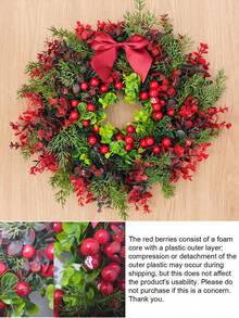 1pc Christmas Artificial Wreath, Decorated With Red Berries And Bows, Evergreen Holiday Door Decor, Suitable For Front Door, Wall, Window, Garden And Home Decoration - Multicolor - View 6