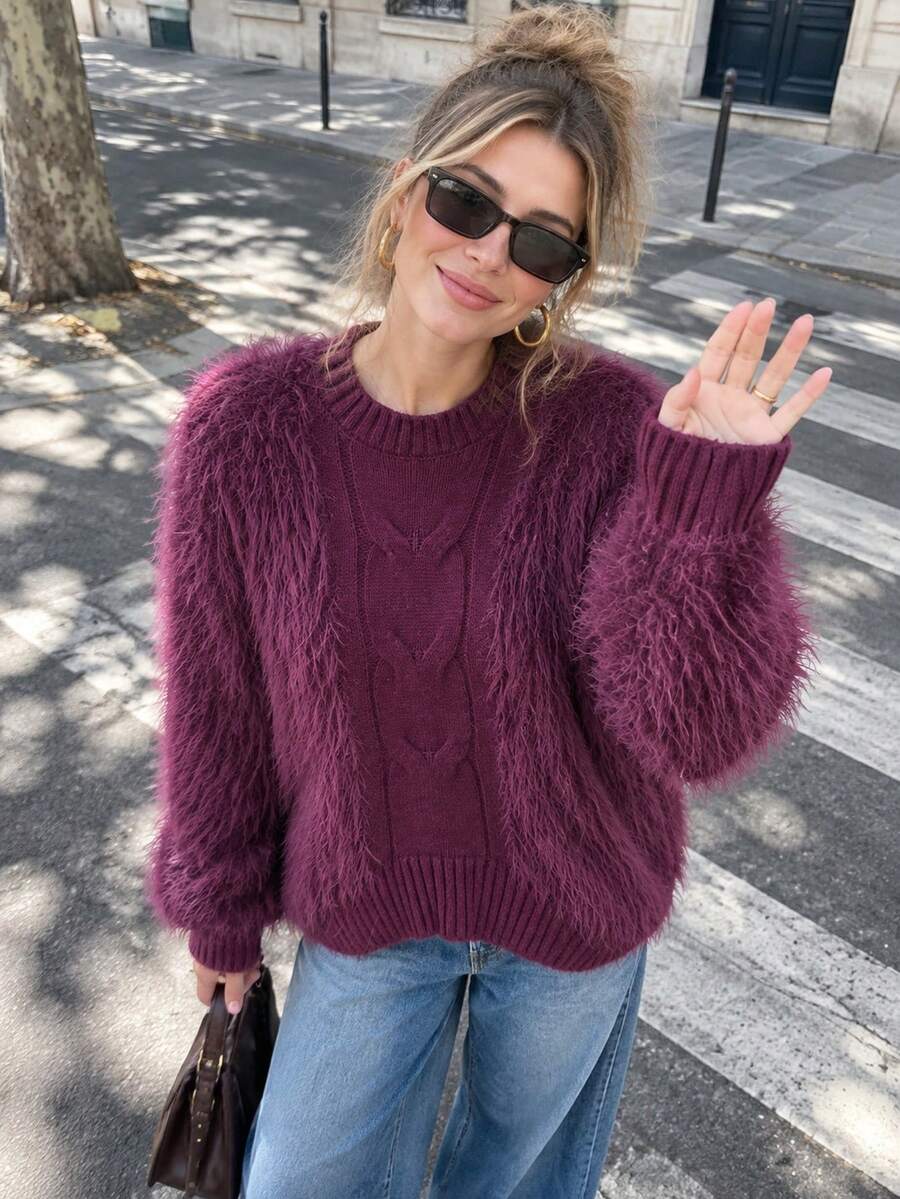 Fashionable Spring/Autumn New Stand Collar Fuzzy Trim Long Sleeve Sweater - Purple - View 1