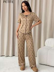 Women's Pajama Set. Heart Print Short Sleeve And Long Pants Casual Set. 2 Pieces Petite Women's Pajama Set, Spring/Summer Clothing. - Champagne - View 4
