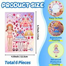 6 Sheets Princess Dress-Up Puzzle Stickers For Girls, DIY Fashion Doll Mix & Match Sticker Pages With Customizable Outfits, Hairstyles, Wings And Accessories, Party Favors For Kids Craft Activities - Multicolor - View 7