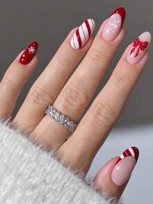 10Pcs Medium Almond Press On Nails Christmas Style Red Nude Snowflake Candy Cane Strip Bow Pattern Glossy Fake Nail Kit For Women Xmas Daily - Multicolor - View 2