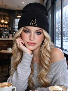 Women's Black Ribbed Cuff Knit Hat (With A-Z Gold Letters), Soft Knit Fabric, Versatile Warm Windproof Winter Knit Hat - Black - View 2