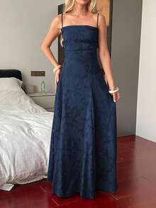 Unadoll Women's Autumn Deep Blue Floral Jacquard Maxi Dress, Spaghetti Strap Tie Back Open Back A-Line Dress, Suitable For Party, Wedding Guest And Date Night - Navy Blue - View 3