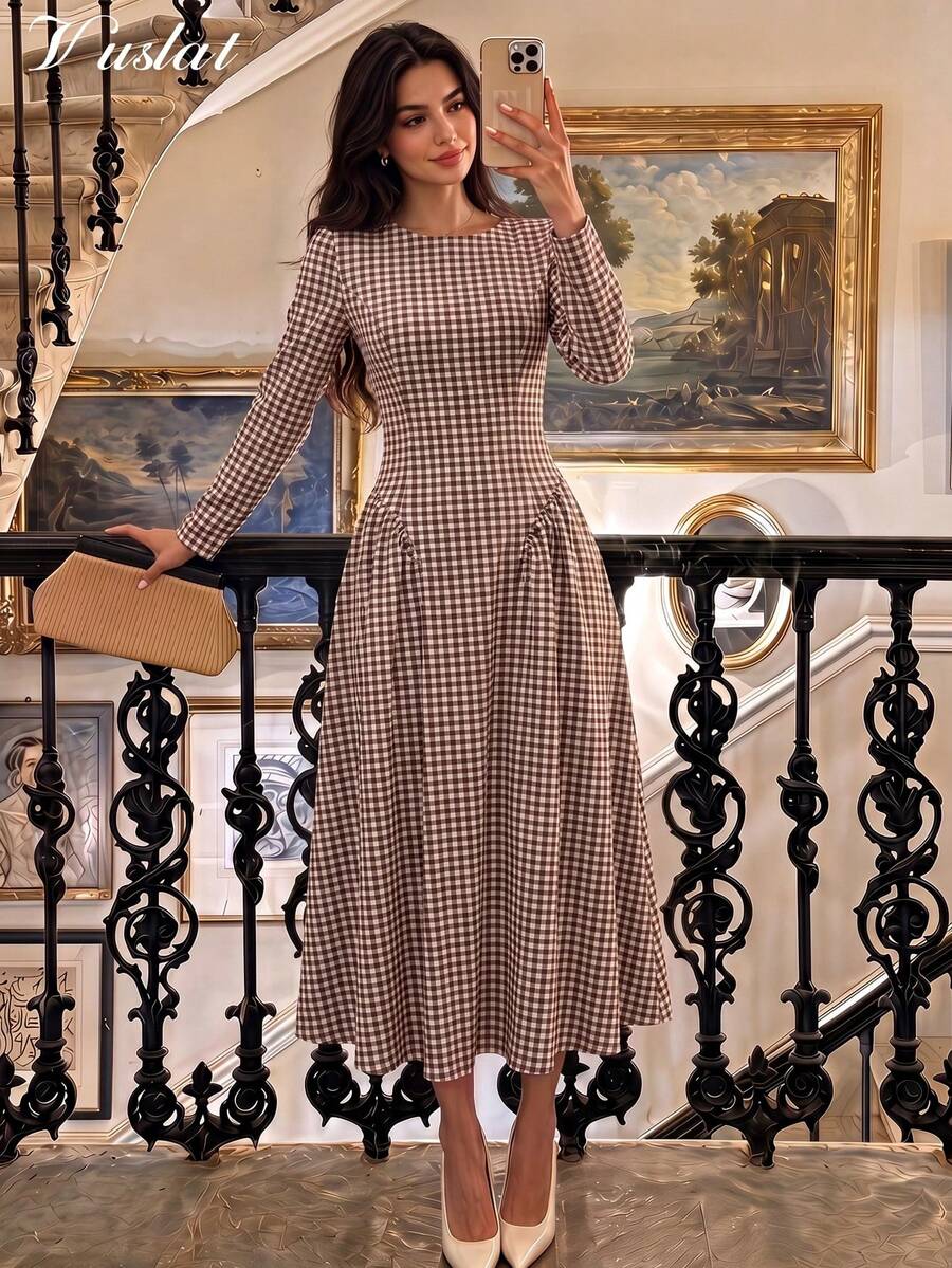 Dirp Noir Women's Autumn Vintage Plaid Round Neck Waist-Cinching Mid-Length Dress, Suitable For Commuting, Dating, Back-To-School Prom - Brown - View 1