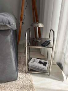 1pc Modern Stainless Steel Edge Bedside Table With Storage Space, Silver, Home Storage Rack, No Assembly Required, Height Under 27 Inches, Space-Saving Design, No Power Needed, Perfect For Sofa And Kitchen, Practical Shelf - Multicolor - View 12