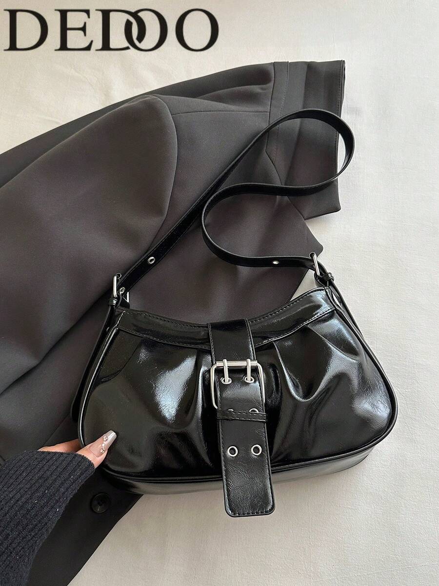 Dedoo New Vintage Y2K Square Underarm Bag, Metal Buckle, Zipper Closure, Solid Pleated, Lightweight Minimalist Shoulder Bag For Women Daily Commute Vacation - Black - View 1