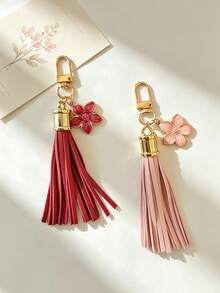 1PC PU Leather Tassel Pendant Bag Accessory, Cherry Blossom Decor Fashion Lanyard Bag Charm, Keychain Key Ornament - Multicolor - View 4