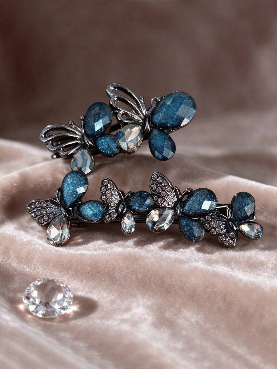 2pcs Women's Vintage Deep Blue Rhinestone Hollow Butterfly Hair Clips, Luxury Sparkling Crystal Duckbill Side Clips - Multicolor - View 1