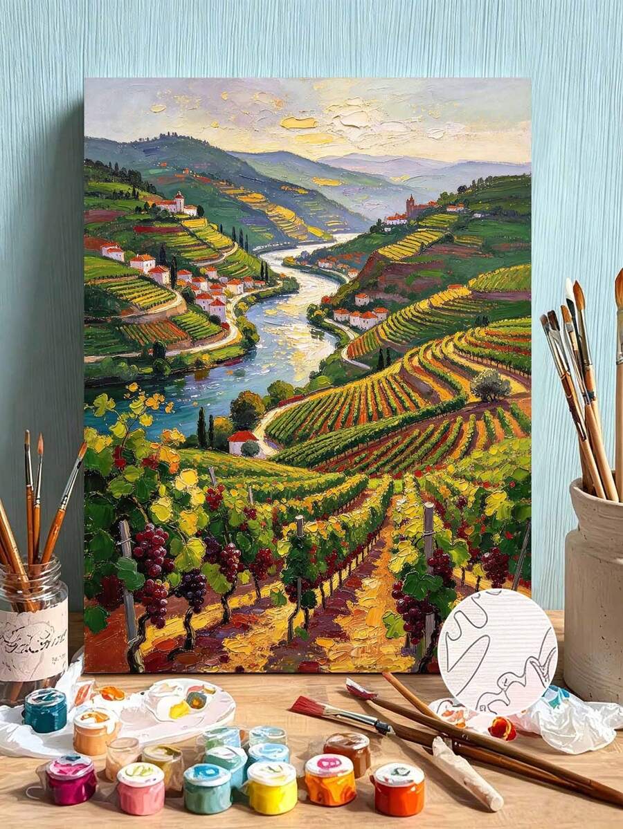 DIY Paint By Numbers Kit, European Vineyard Valley River Town Landscape, Impasto Oil Painting Canvas Wall Art Home Decor Gift - A - View 1
