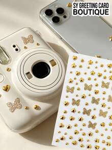 1pc Gold Butterfly Decorative Sticker, Glitter Butterfly Heart Star Pearl Combination Rhinestone Sticker, Metallic Texture Self-Adhesive Backing Decor, Luxury Style Decorative Material, Camera Shell Decoration Sticker, Phone Case Beautification Sticker, Gift Box Packaging Embellishment Sticker, Storage Box Shell Decoration Sticker, Hard Flat Surface Handmade Decoration Accessory Sticker - one-size - View 1