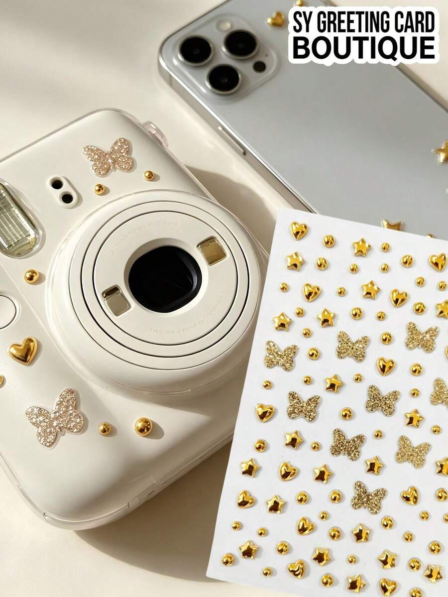 1pc Gold Butterfly Decorative Sticker, Glitter Butterfly Heart Star Pearl Combination Rhinestone Sticker, Metallic Texture Self-Adhesive Backing Decor, Luxury Style Decorative Material, Camera Shell Decoration Sticker, Phone Case Beautification Sticker, Gift Box Packaging Embellishment Sticker, Storage Box Shell Decoration Sticker, Hard Flat Surface Handmade Decoration Accessory Sticker - one-size - View 1