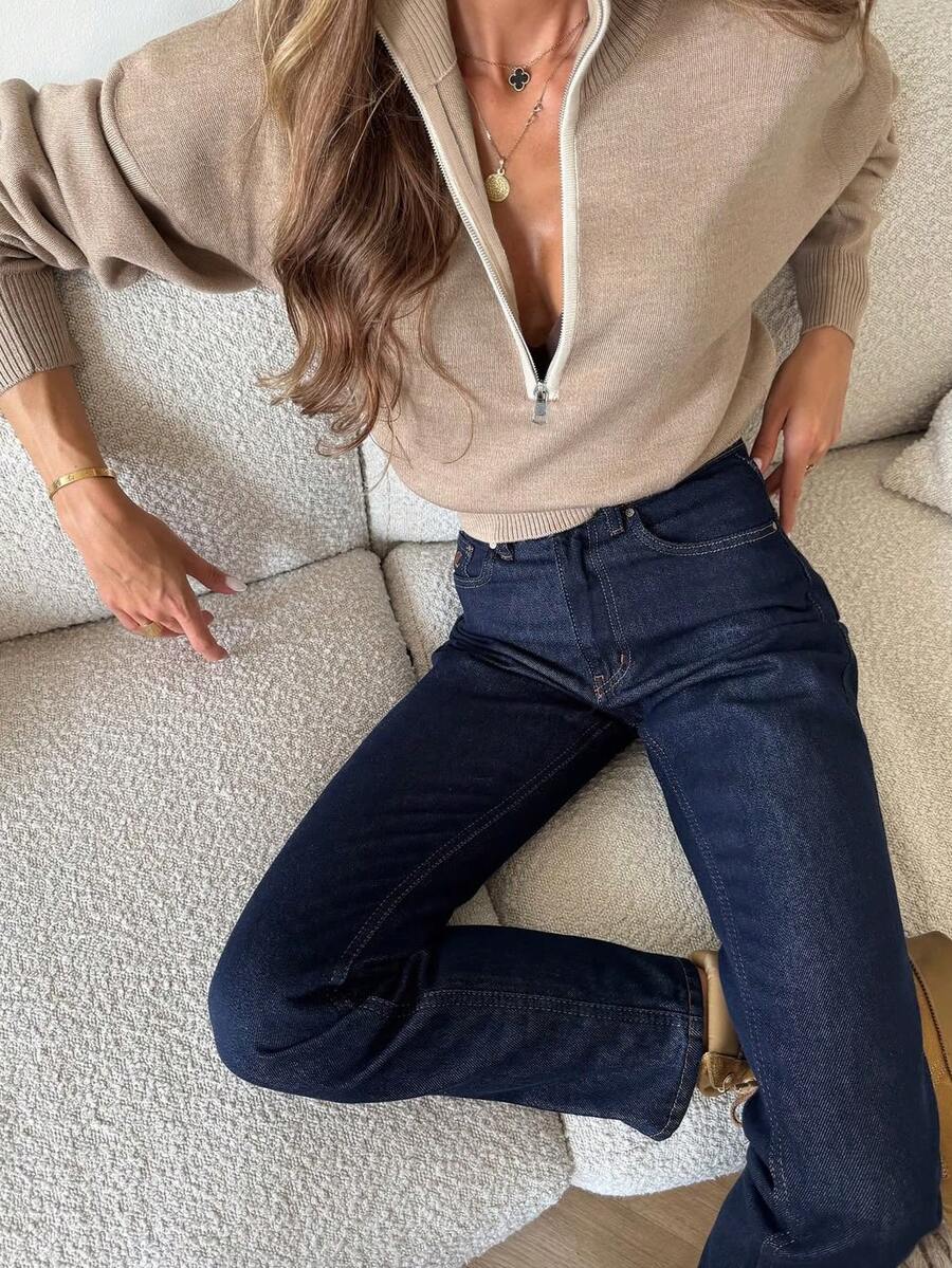 Women's New Autumn Polo Collar Knitted Sweater, Casual Daily, College, Commuting - Khaki - View 1
