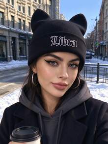 1pc Plush Knitted Beanie Hat With Cat Ears & 12 Zodiac, Cute Y2K Style Fall Streetwear Headwear, Festive Party Accessory,For Autumn/Winter Daily Wear - Black - View 4