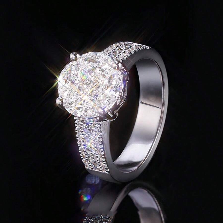 Nhẫn cưới nữ sang trọng mạ vàng trắng bóng, đính zirconia tròn viền bezel, phong cách cổ điển bền bỉ - Vàng trắng - Xem 1