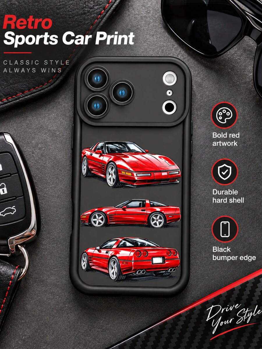 1pc Red Sports Car 3-View Phone Case, Black Racing Car Print Protective Shell, Vintage Street Style Personalized Phone Accessory Compatible With IPhone 18 Pro Max/18 Pro/17/16/15/14/13/12/11/Pro/Pro Max/X/XR/XS/XS Max/7/8/Plus, Compatible With Samsung/Honor - Multicolor - View 1