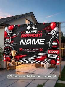 Customizable Name Racing Champion Theme Birthday Banner, Black & White Checkered Flag, Balloons, Tires, Gold Trophy, Road Barrier Design, Racing Birthday Party Wall Decor Photo Backdrop - Black - View 5