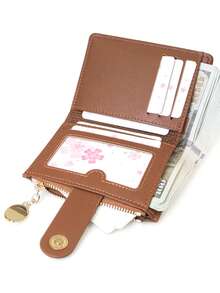 Dompet Lipat Pendek Wanita Bahan PU dengan Tekstur Tenun dan Motif Patchwork, Gesper Cantik dan Penutup Magnetik, Tempat Kartu Multifungsi, Pengatur Identitas, Dompet Koin Genggam Ringkas dengan Resleting - Coklat - View 7
