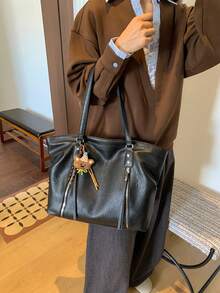 防水商務休閒 PU 托特包，多口袋隔層設計，單肩包，適合青少年、女大學生及年輕職場人士 - 黑色 - 查看 5