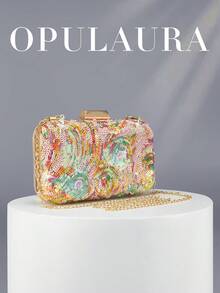 OpulAura 1件裝彩色螺旋亮片手拿包 金色串珠硬殼方盒包 派對宴會舞會禮服搭配 可拆卸鍊條斜跨女款包 - 金色 - 查看 2