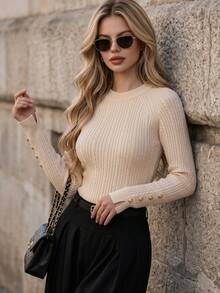 DONICY Women Beige Mock Neck Cable Knit Sweater Raglan Sleeve Metal Button Cuff Slim Pullover Top - Apricot - View 9