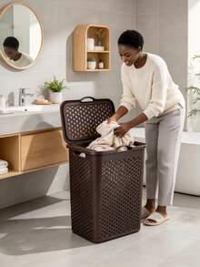 Plastic Rattan Laundry Basket With Lid, Breathable Hollow Mesh, Large Capacity With Portable Handles, Moisture Resistant Clothes Storage Hamper, Suitable For Bathroom, Laundry Room, Balcony & Dorm, Ideal For Families, Adults And Students - Multicolor - View 3