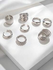 8pcs Simple Metal Wide Band Rings Set, Old Money Style, Women's Date Gift, Casual Daily Wear, Party Outfit - Style 1 - View 4