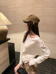 Korean Style Casual Button Design White Asymmetrical Shoulder Long Sleeve T-Shirt, Women's Versatile Autumn Base Layer Top - White - View 2