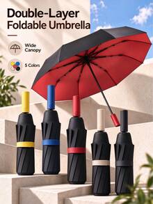 125cm Extra Large 3-Fold Umbrella, Windproof & Rainproof, Black UV-Protective Coating, 10 Reinforced Ribs, Contrast Color Lining, One-Touch Automatic Handle, UV50+ Water-Repellent, Fits 2-3 People, Suitable For Commuting, Travel, Weekend And Outdoor Use, Strong Windproof Umbrella - A - View 12