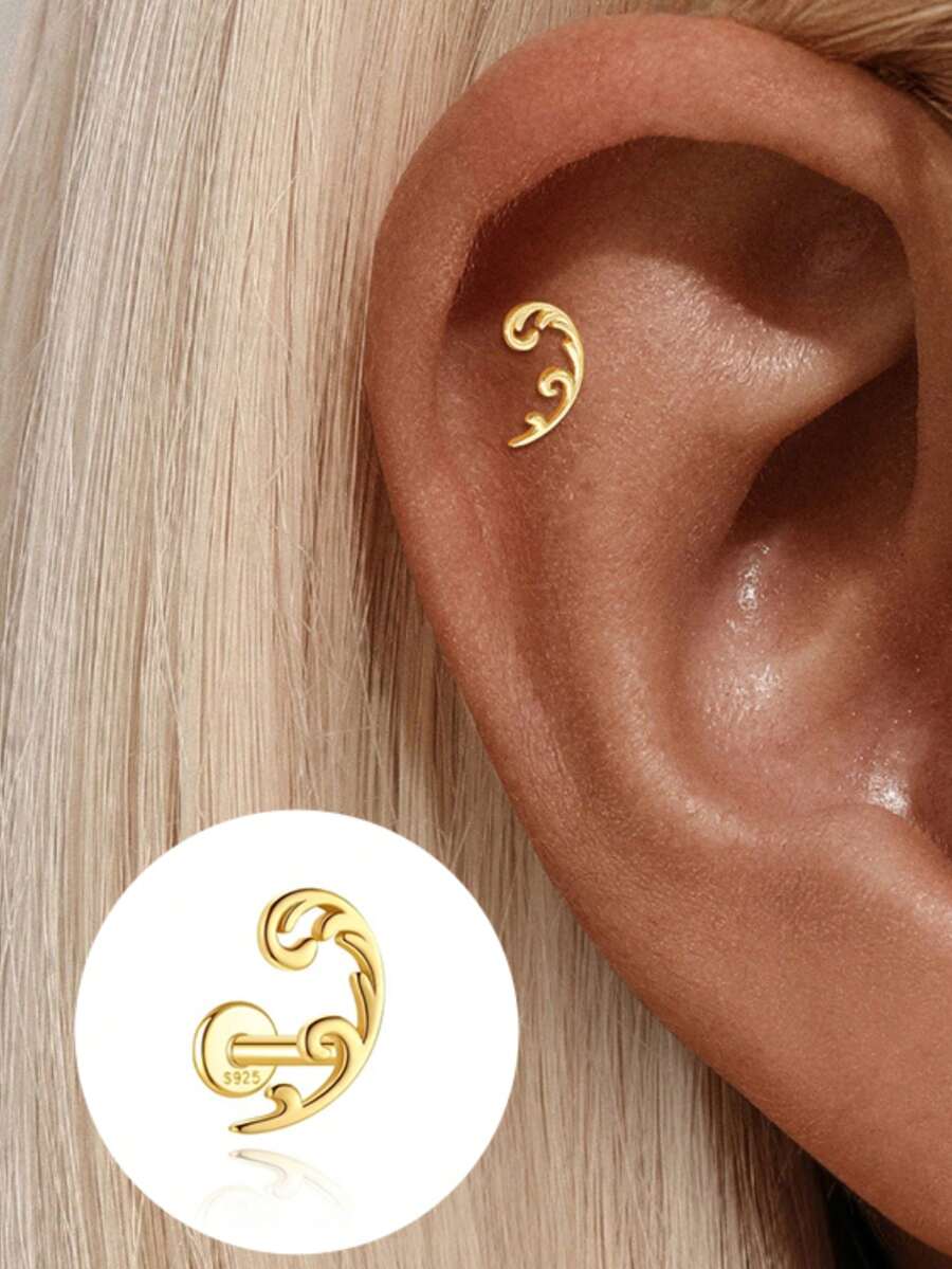 1pc S925 Sterling Silver Chinese Style Geometric Auspicious Cloud Spiral Cartilage Ear Stud, Women's New Chinese Minimalist INS Elegant Versatile Unique Exquisite Niche Earring, Hypoallergenic, Suitable For Daily Commute, Layering, Party, Jewelry Gift - Auspicious Clouds - View 1