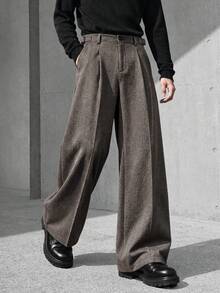 Men's Casual Versatile Commute Solid Color Wide Leg Pants, Autumn/Winter Style, Fashion Brushed Twill Fabric Wide Leg Pants, Minimalist Style Trousers - Coffee Brown - View 9